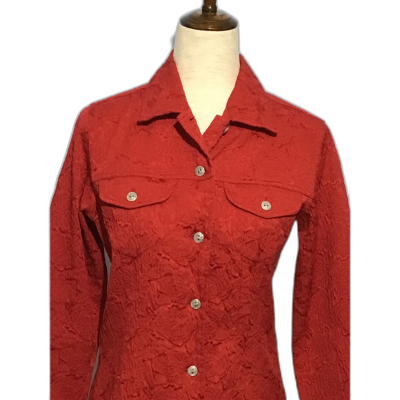 Chico's Red Embossed Jacket Silver Buttons XS - Picture 3 of 10
